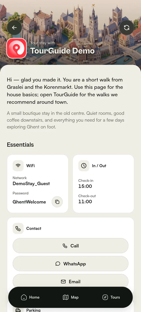 TourGuide stay details with wifi and check-in notes