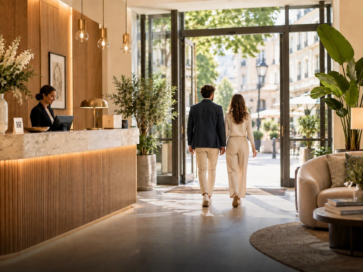 A guest carrying a weekend bag walks out of a sunlit hotel lobby past the reception desk
