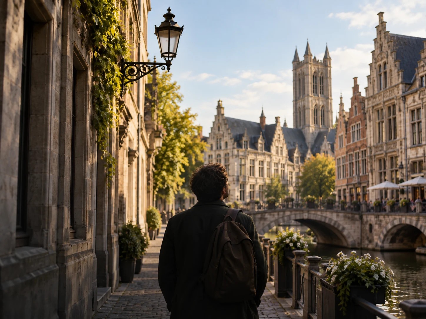 A guest walking a quiet canal quay in Ghent with the audio walk playing on their phone