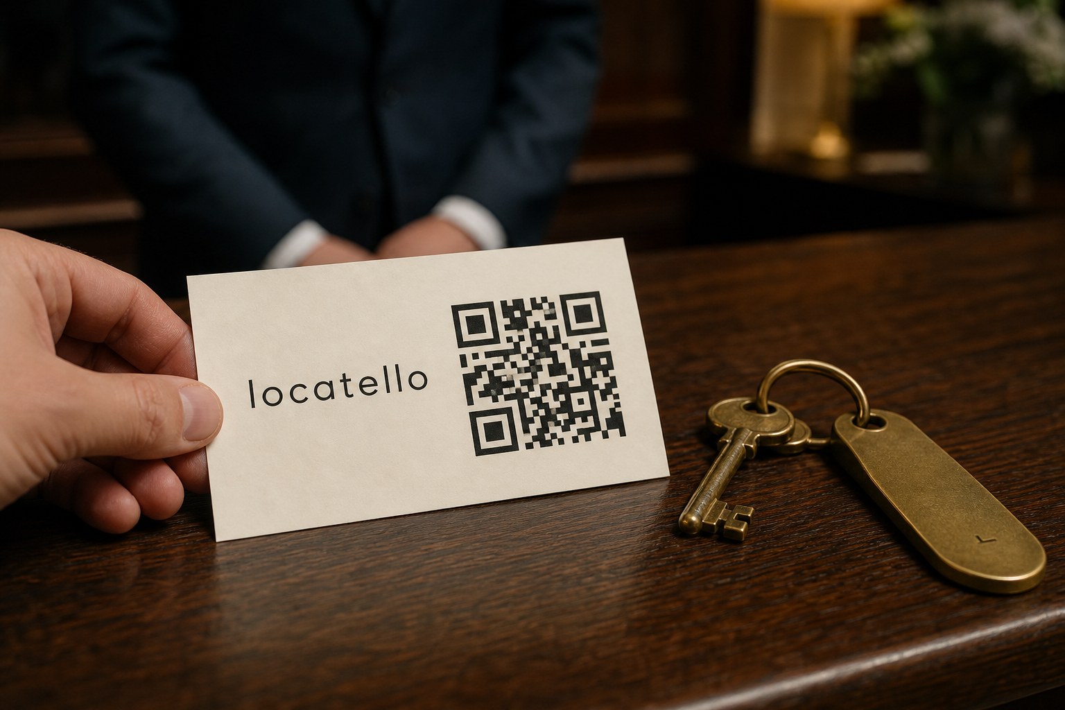 A Locatello QR card beside room keys on a hotel reception desk
